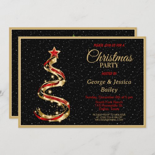 Gold  Red Ribbon Christmas Tree Party invitation