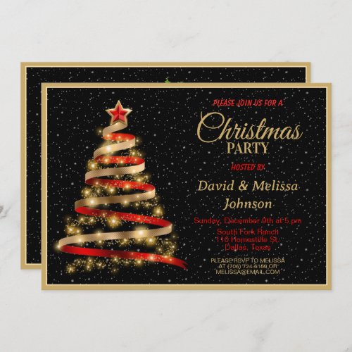 Gold  Red Ribbon Christmas Tree Party invitation