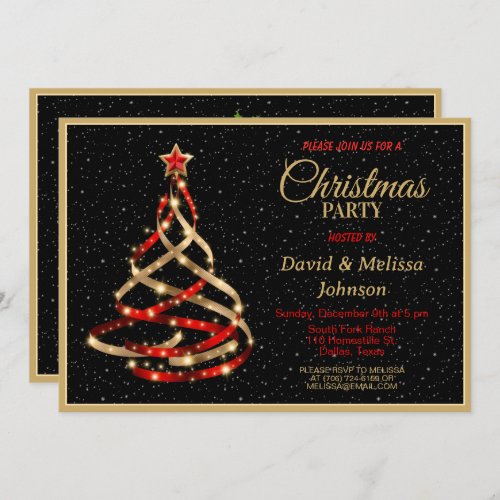 Gold  Red Ribbon Christmas Tree Party invitation