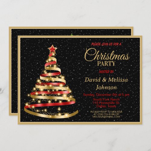 Gold  Red Ribbon Christmas Tree Party invitation