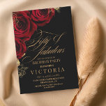 Gold & Red Rose 50th Birthday Party Invitation<br><div class="desc">Stylish modern Birthday party invitation. Elegant handwritten calligraphy combined with a modern font on a dark black background complement each other and look harmonious at the same time.</div>