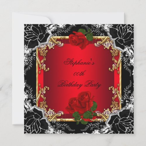 Gold Red Rose Birthday Party Black Silver Floral Invitation