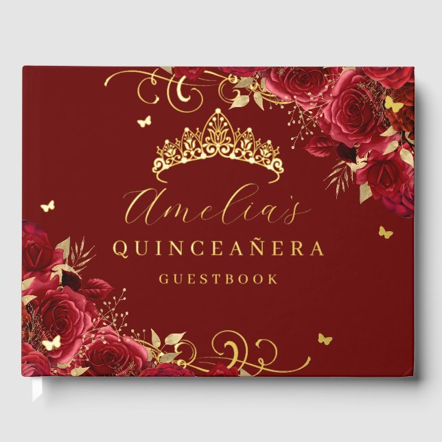 Gold Red Rose Floral Swirl Quinceanera  Foil Guest Book (Front)