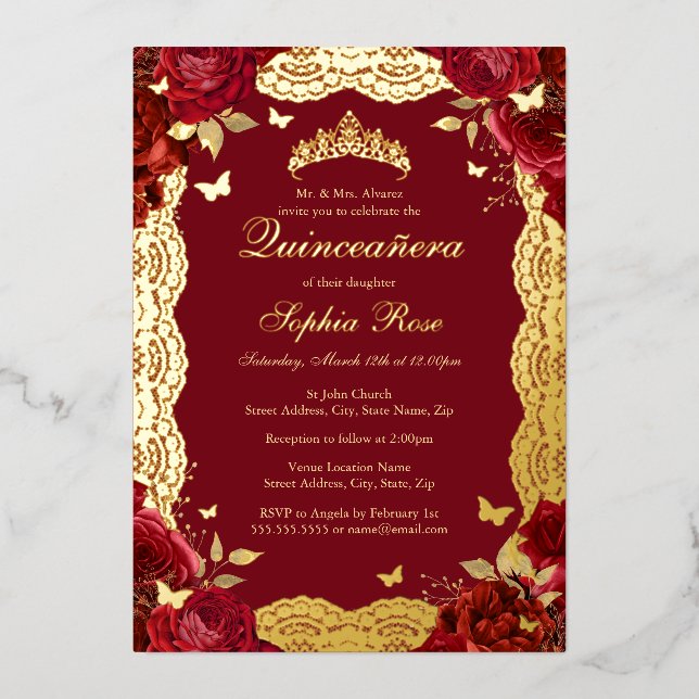 Gold Red Rose Lace Butterfly Quinceanera Birthday  Foil Invitation