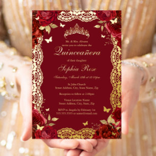 Gold Red Rose Lace Butterfly Quinceanera Birthday  Foil Invitation