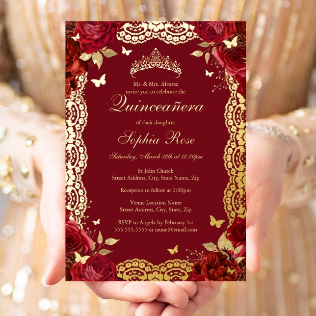 Gold Red Rose Lace Butterfly Quinceanera Birthday  Foil Invitation (Creator Uploaded)