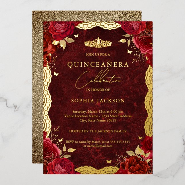 Gold Red Rose Lace Quinceanera Birthday Foil Invitation (Front/Back)