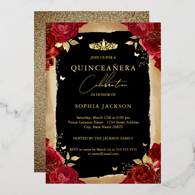 Gold Red Rose Tiara Lace Quinceanera Birthday  Foil Invitation (Front/Back)