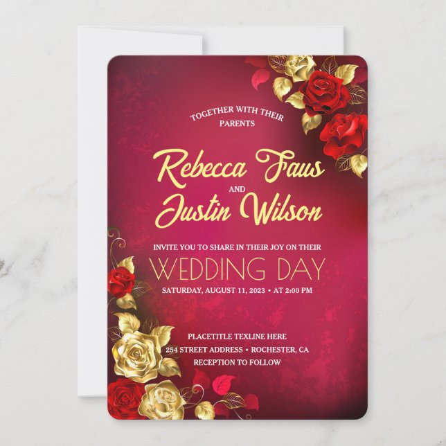 Gold Red Roses Floral Modern Boho Invitation (Front)