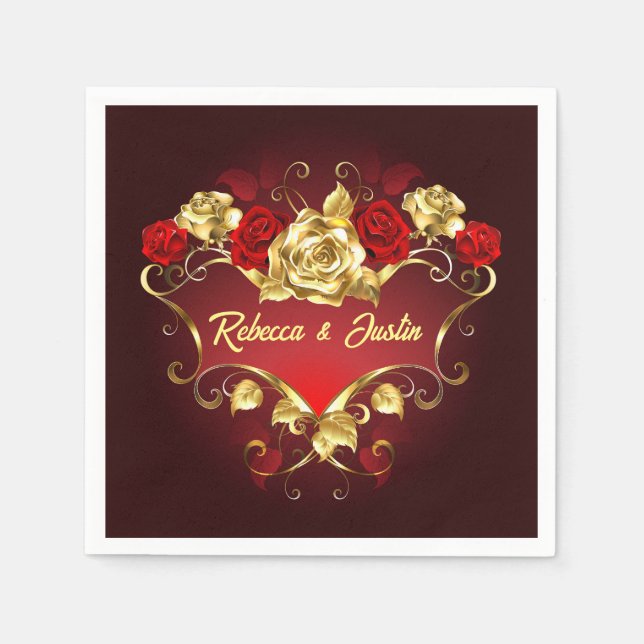 Gold Red Roses Floral Modern Boho Napkins (Front)