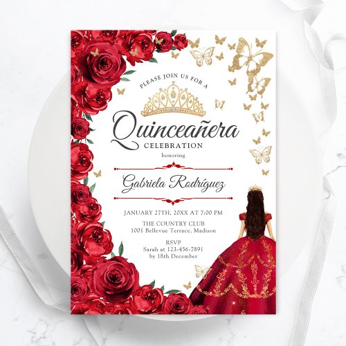 Gold Red Roses Floral Quinceanera Invitation