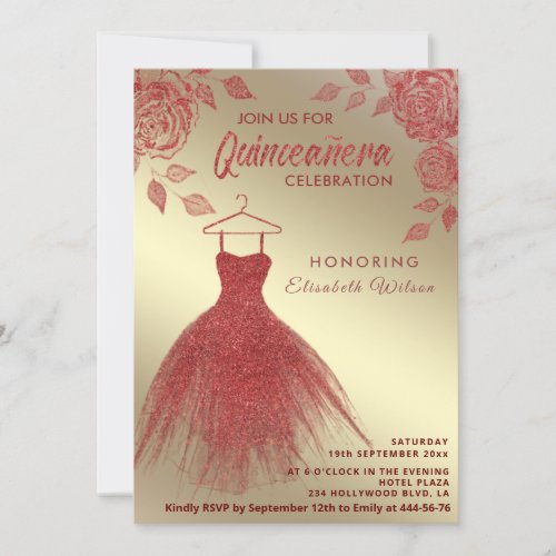 Gold Red roses red glitter dress Quinceaera Invitation