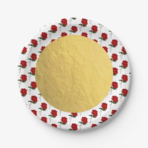 Gold Red Roses Rose Elegant Floral Wedding Party Paper Plates