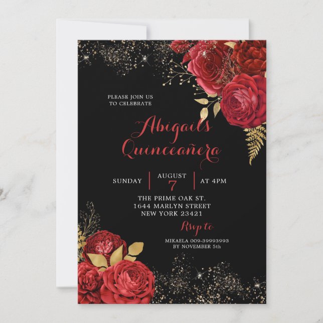 Gold Red Roses Stiletto Floral Quinceañera Invitation (Front)