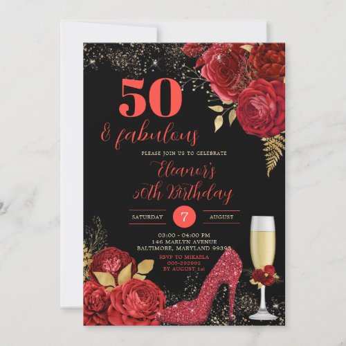 Gold Red Roses Stiletto Heels Adult Birthday Invitation