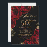 Gold & Red Roses Surprise 50th Birthday Invitation<br><div class="desc">Stylish modern Birthday party invitation. Elegant handwritten calligraphy combined with a modern font on a dark black background complement each other and look harmonious at the same time.</div>