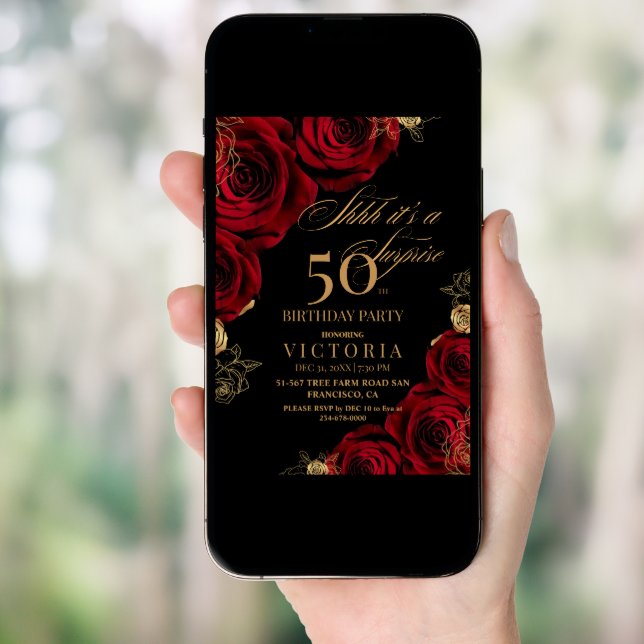 Gold & Red Roses Surprise 50th Birthday Invitation (Front Digital)