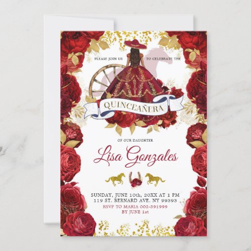 Gold Red Roses Western Charra Boots Quinceaera Invitation