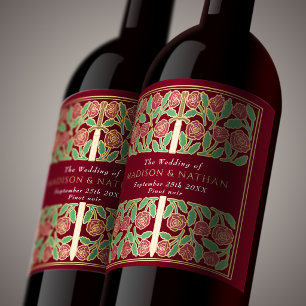 Gold Red Royal Medieval Floral Sword Wedding Wine Label