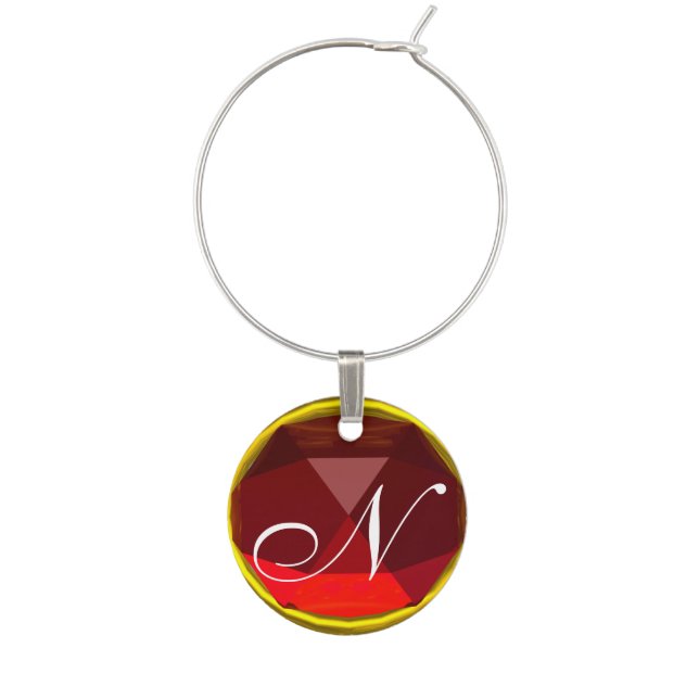GOLD RED RUBY GEM MONOGRAM WINE GLASS CHARM (Front)