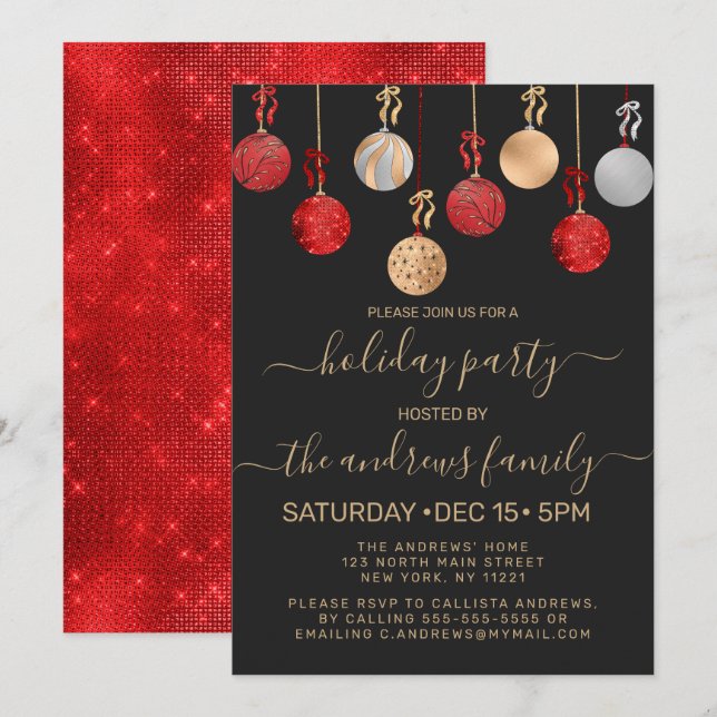 Gold Red Silver Glitter Hanging Ornament Holiday Invitation (Front/Back)