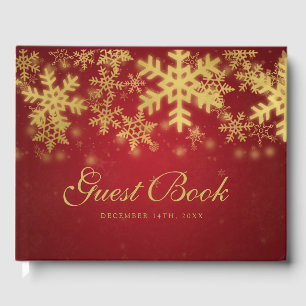 Gold & Red Snowflakes Christmas Party Guest Book