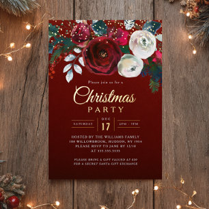 Gold Red Sparkle Festive Foliage Christmas Party Foil Invitation