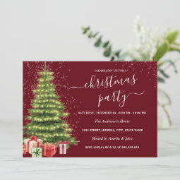 Gold Red Sparkle Tree Lights Christmas Party Invitation | Zazzle