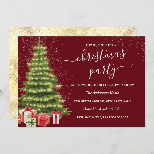 Gold Red Sparkle Tree Lights Christmas Party Invitation