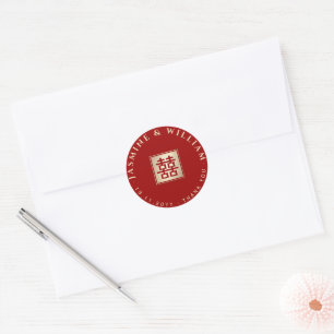Gold/Red Square Double Happiness Chinese Wedding Classic Round Sticker