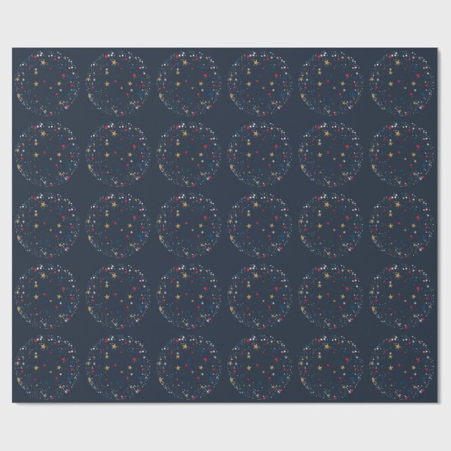 Gold, red stars, snowflakes on blue. Festive Wrapping Paper (Flat)