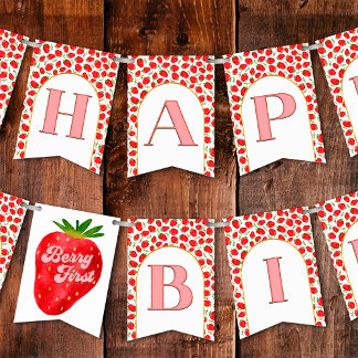 Gold Red Strawberry Berry First Happy Birthday Bunting Flags