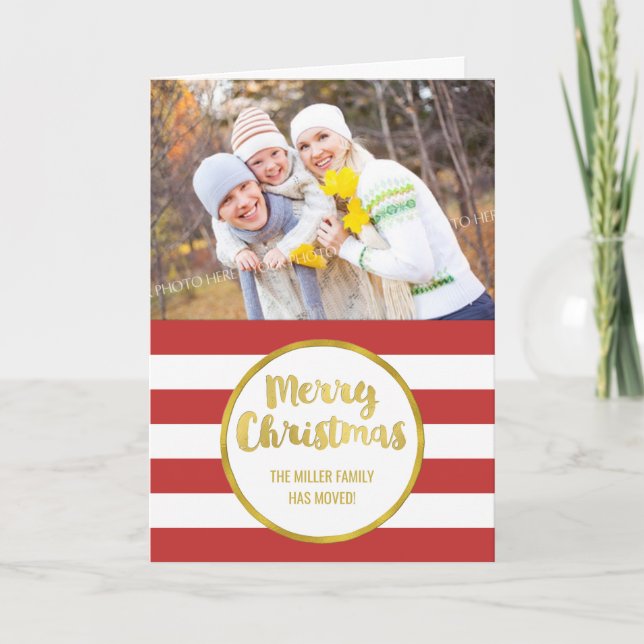 Gold Red Stripes Merry Christmas New Address Holiday Card (Front)