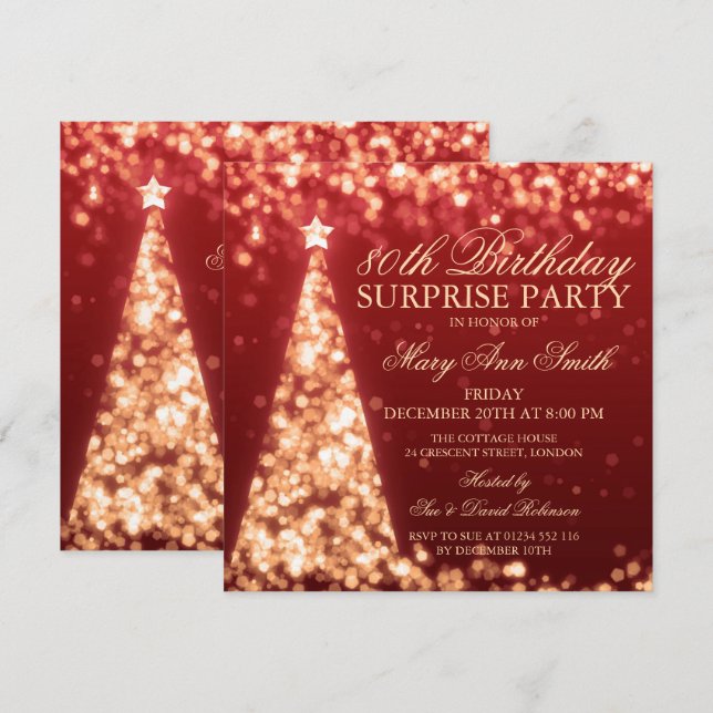 Gold Red Surprise 80th Birthday Christmas Lights Invitation (Front/Back)