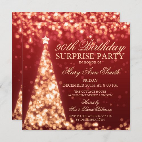 Gold Red Surprise 90th Birthday Christmas Lights Invitation