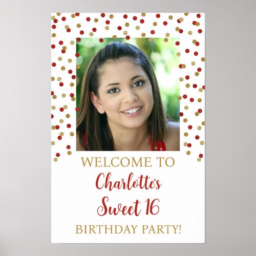 Gold Red Sweet 16 Birthday Custom 12x18 Photo Poster