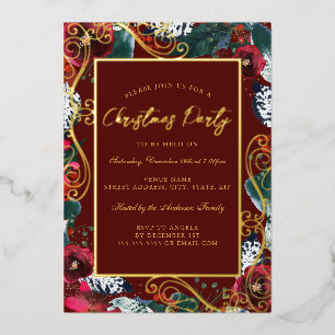Gold Red Swirl Flower Frame Christmas Party Foil Invitation