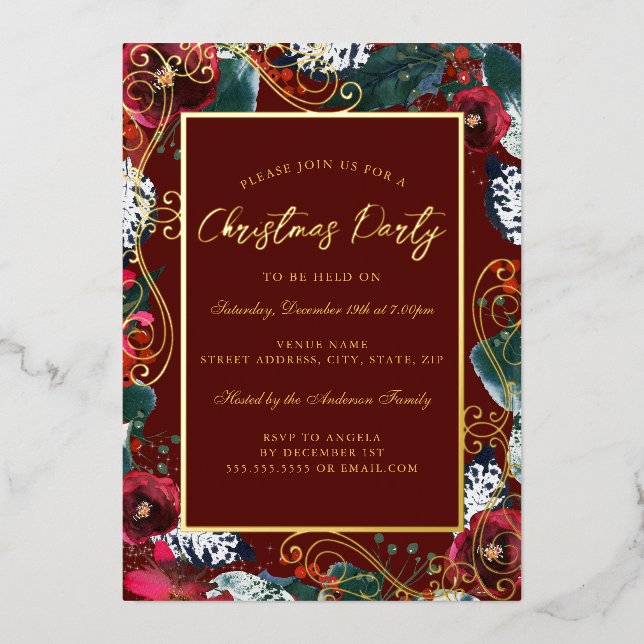Gold Red Swirl Flower Frame Christmas Party Foil Invitation (Front)