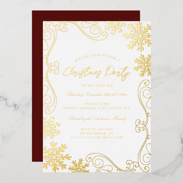 Gold Red Swirl Snowflake Christmas Party Foil Invitation (Front/Back)