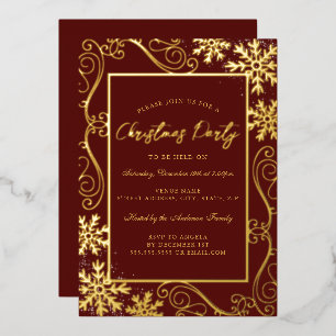 Gold Red Swirl Snowflake Frame Christmas Party Foil Invitation