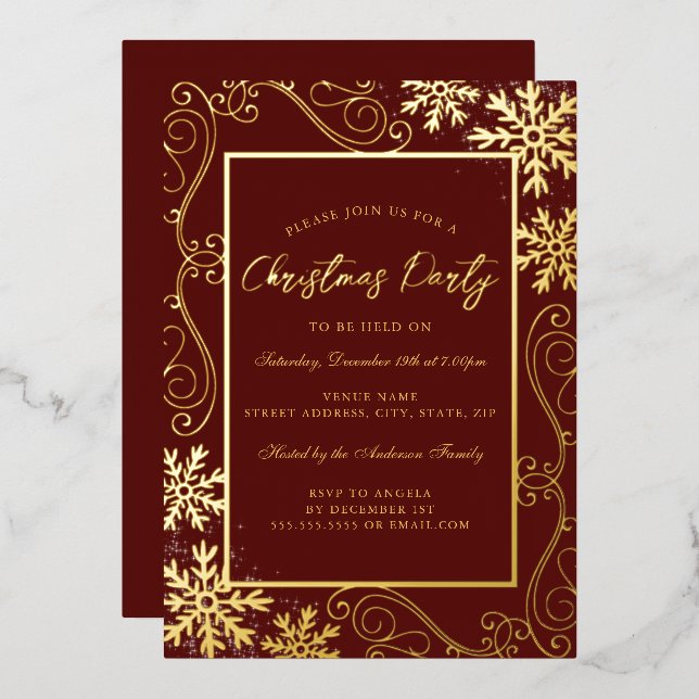 Gold Red Swirl Snowflake Frame Christmas Party Foil Invitation (Front/Back)