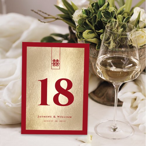 Gold Red Tall Rectangle Double Xi Chinese Wedding Table Number