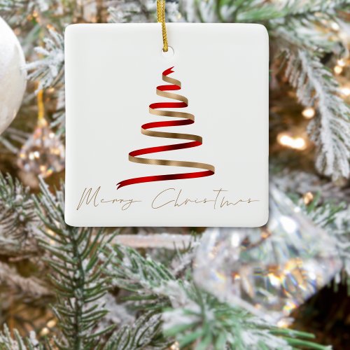 Gold Red Tree Photo Script Merry Christmas Ceramic Ornament