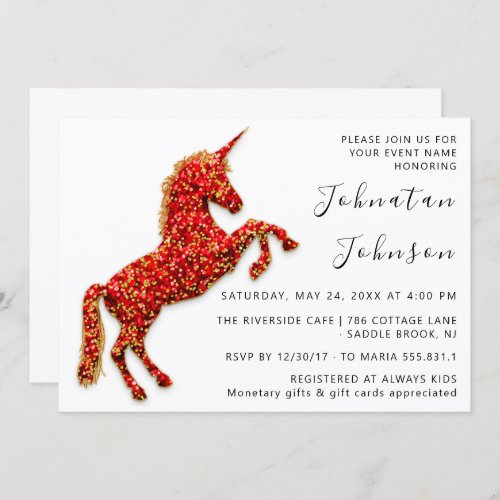 Gold Red Unicorn Horse White Birthday Party  Invitation