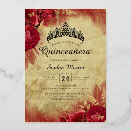 Gold Red Vintage Butterfly Floral Quinceanera  Foil Invitation