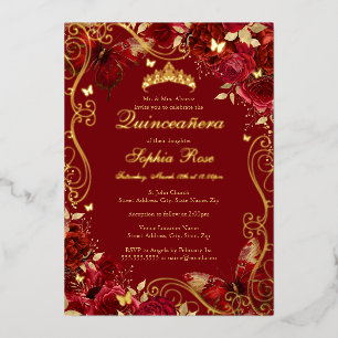 Gold Red Vintage Butterfly Floral Quinceanera  Foil Invitation
