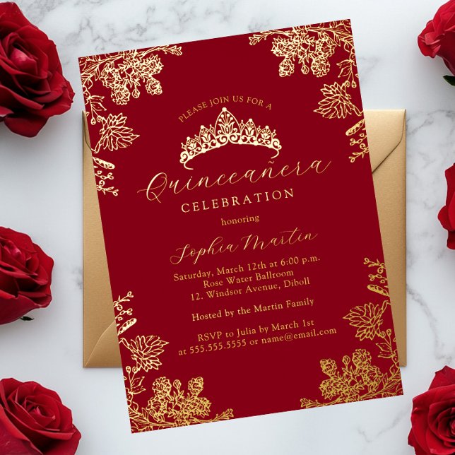 Gold Red Vintage Floral Quinceanera  Foil Invitation (Creator Uploaded)