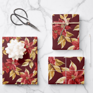Gold Red Vintage Poinsettias Christmas Wrapping Paper Sheets