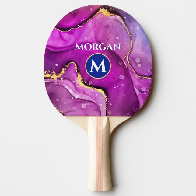 Gold & Red Violet Liquid Ink, Monogram & Name Ping Pong Paddle (Back)