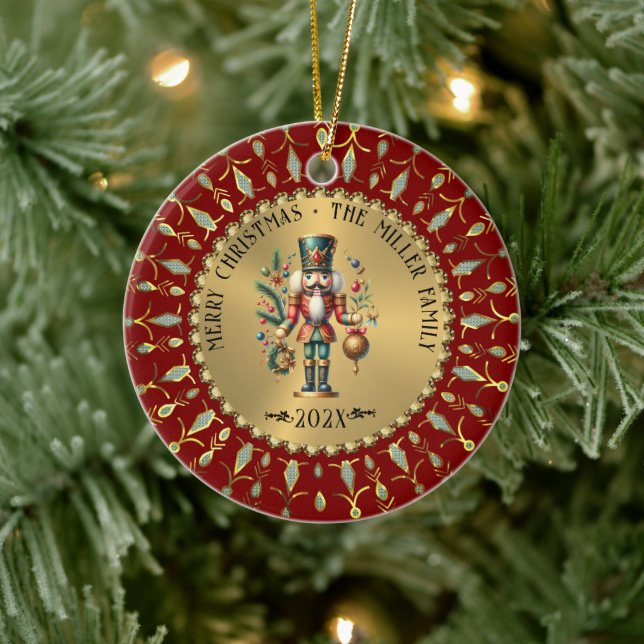 Gold Red White Diamonds Christmas Nutcracker Ceramic Ornament (Tree)